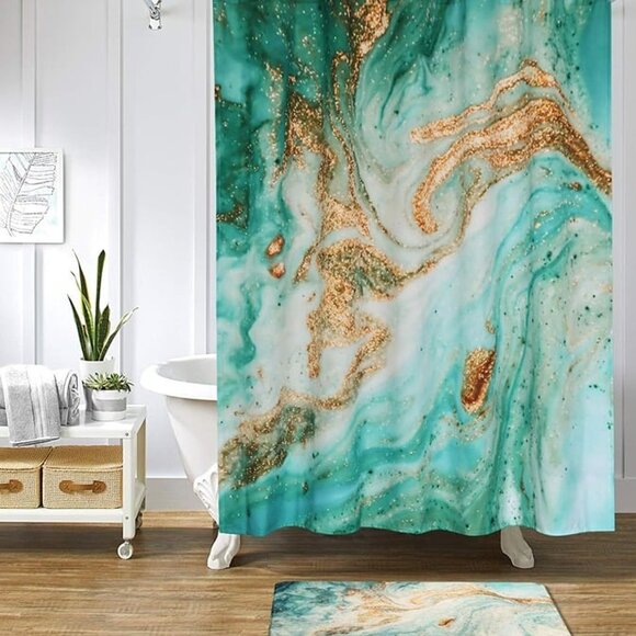 NEW Bath Rug Runner Luxury Turquoise Marble Velvet Bath Mat 18x47 inch Non-Slip - Picture 8 of 10